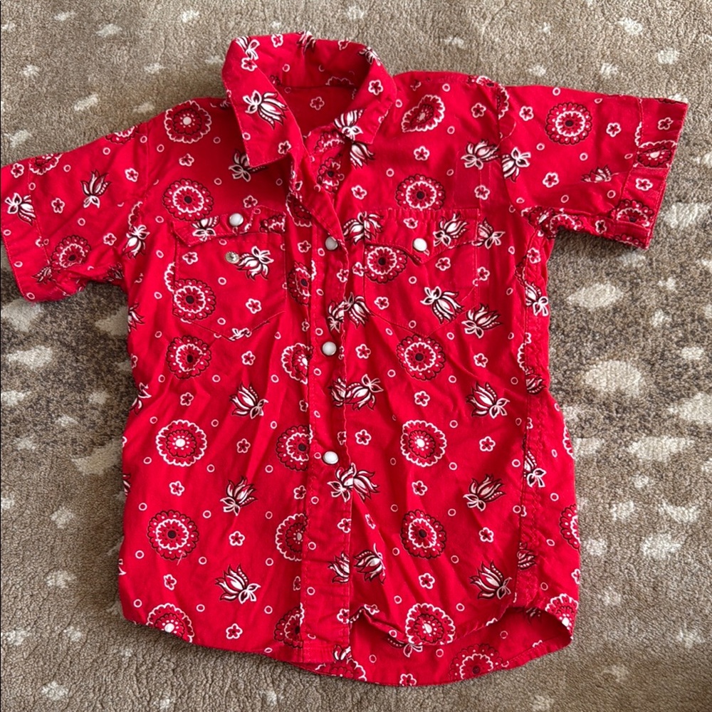 Red Bandana Print Short Sleeve Button-Up Shirt
